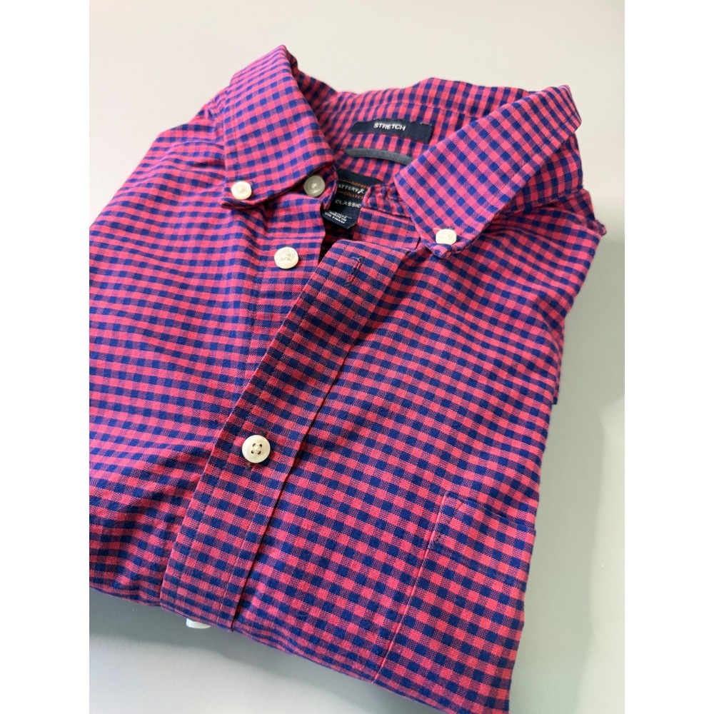 Dockers Battery Street Mens XL Pink Blue Gingham Stretch Classic Fit Shirt